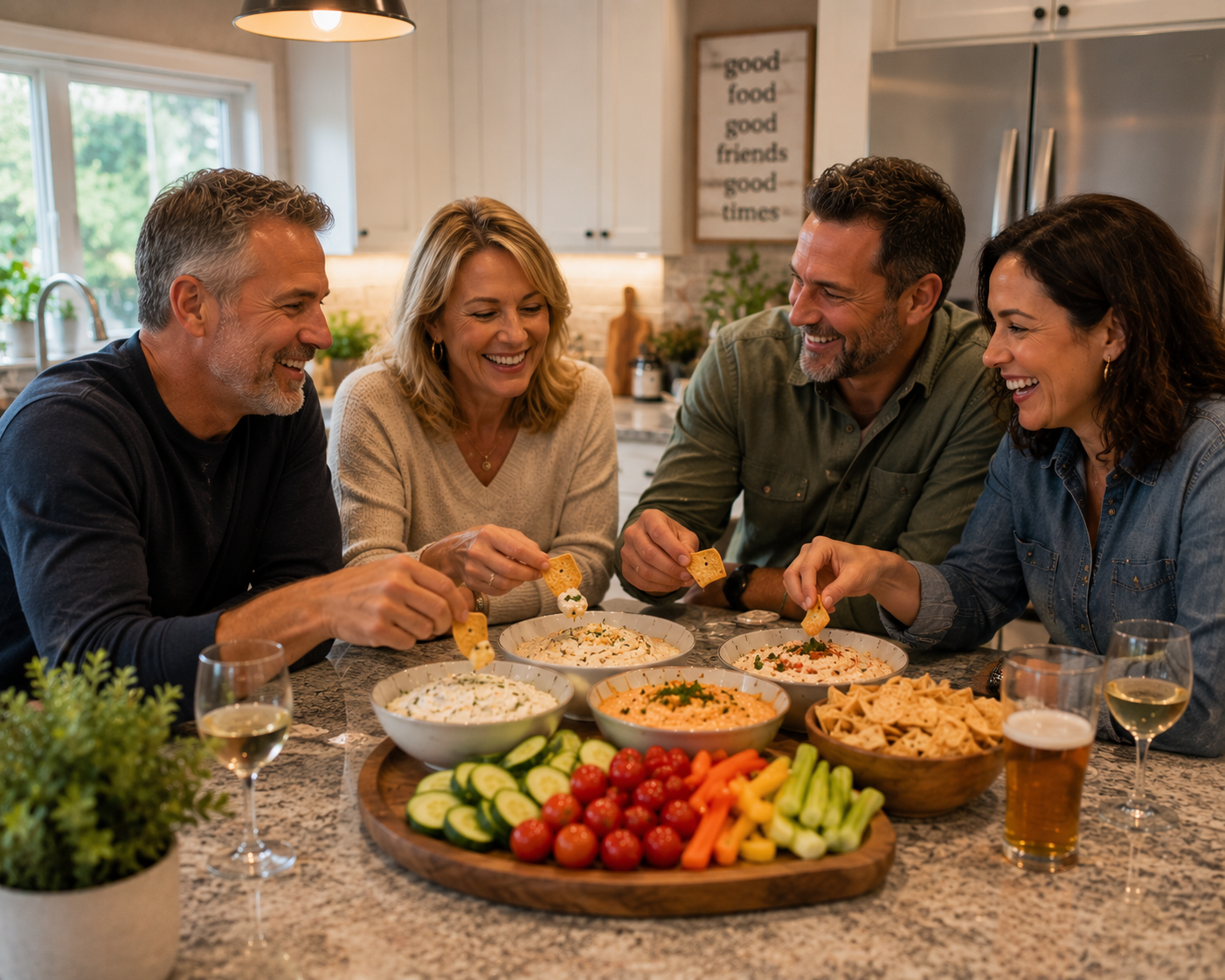 Two couples sharing three bowls of dip with a veggie tray and crackers