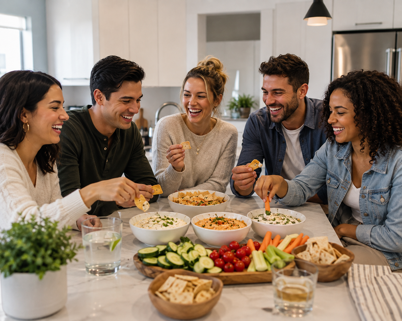 Friends laughing around a kitchen island covered with bowls of dip, veggies, and chips