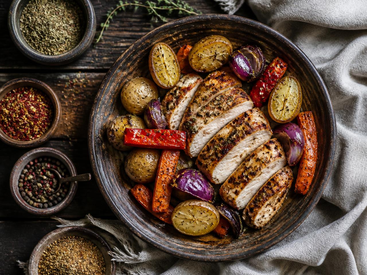 Seasoned grilled chicken with roasted potatoes, carrots, and bowls of spices
