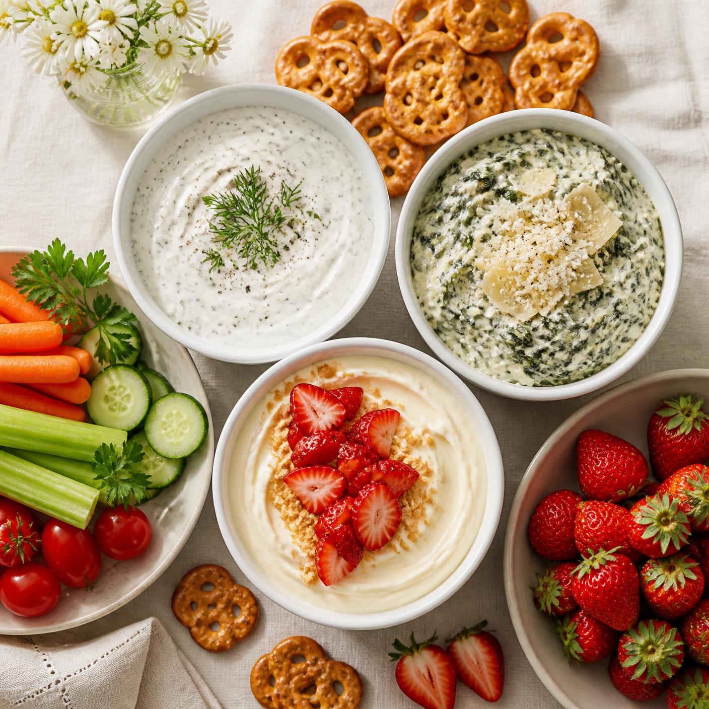 Bowls of ranch, spinach parmesan, and cheesecake dips with pretzels, veggies, and strawberries
