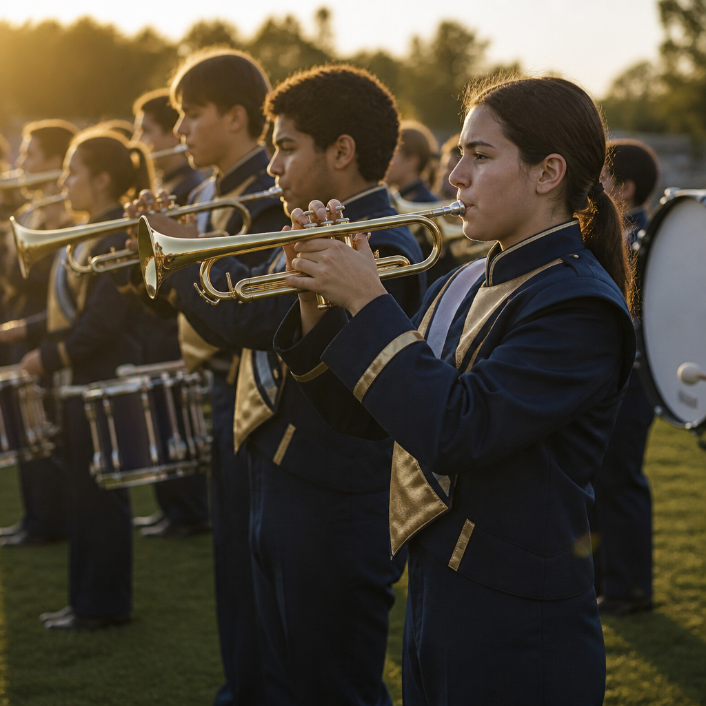 A high school marching band on the field at golden hour