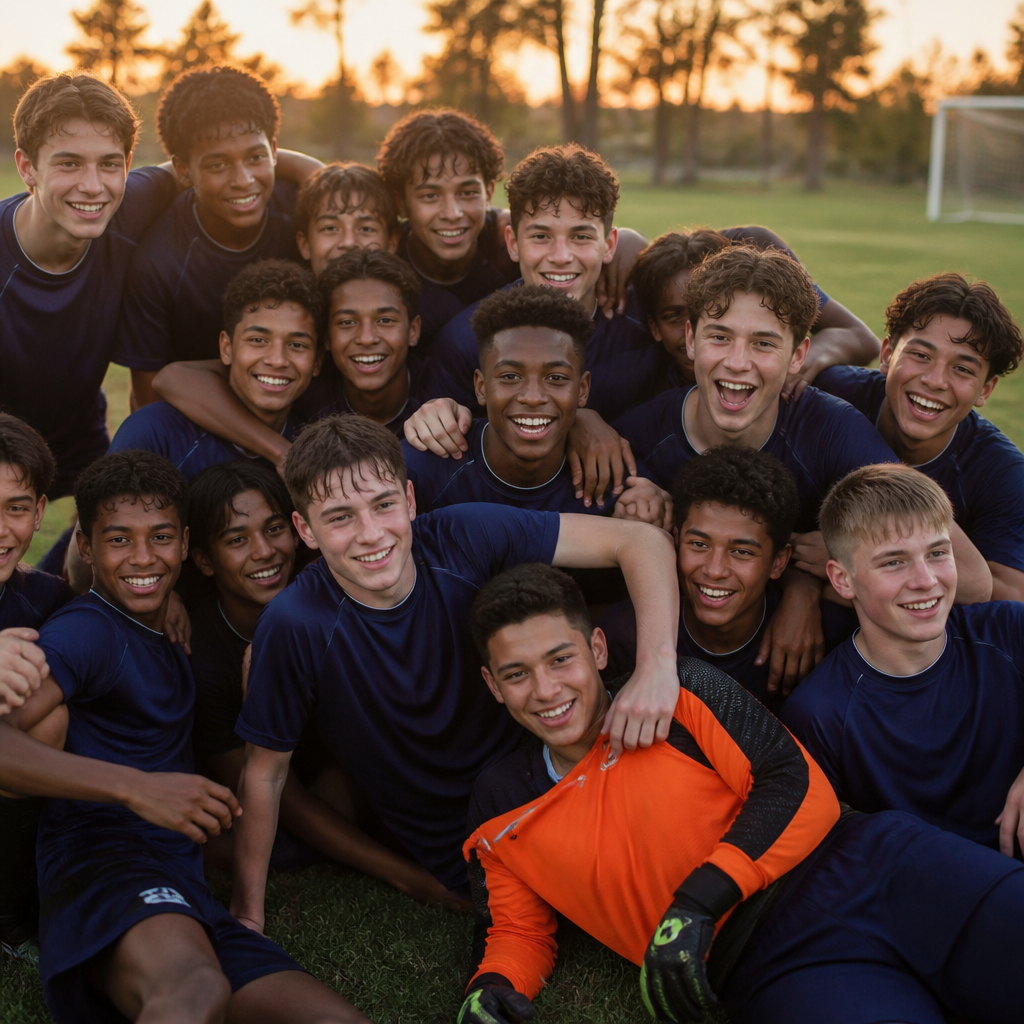 A high school sports team posing together on the field