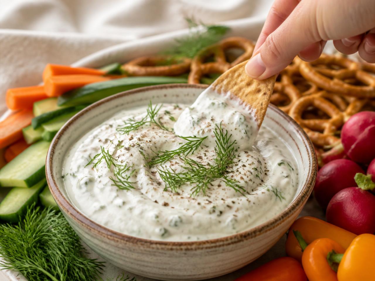 A hand dipping a cracker into a bowl of creamy dill dip